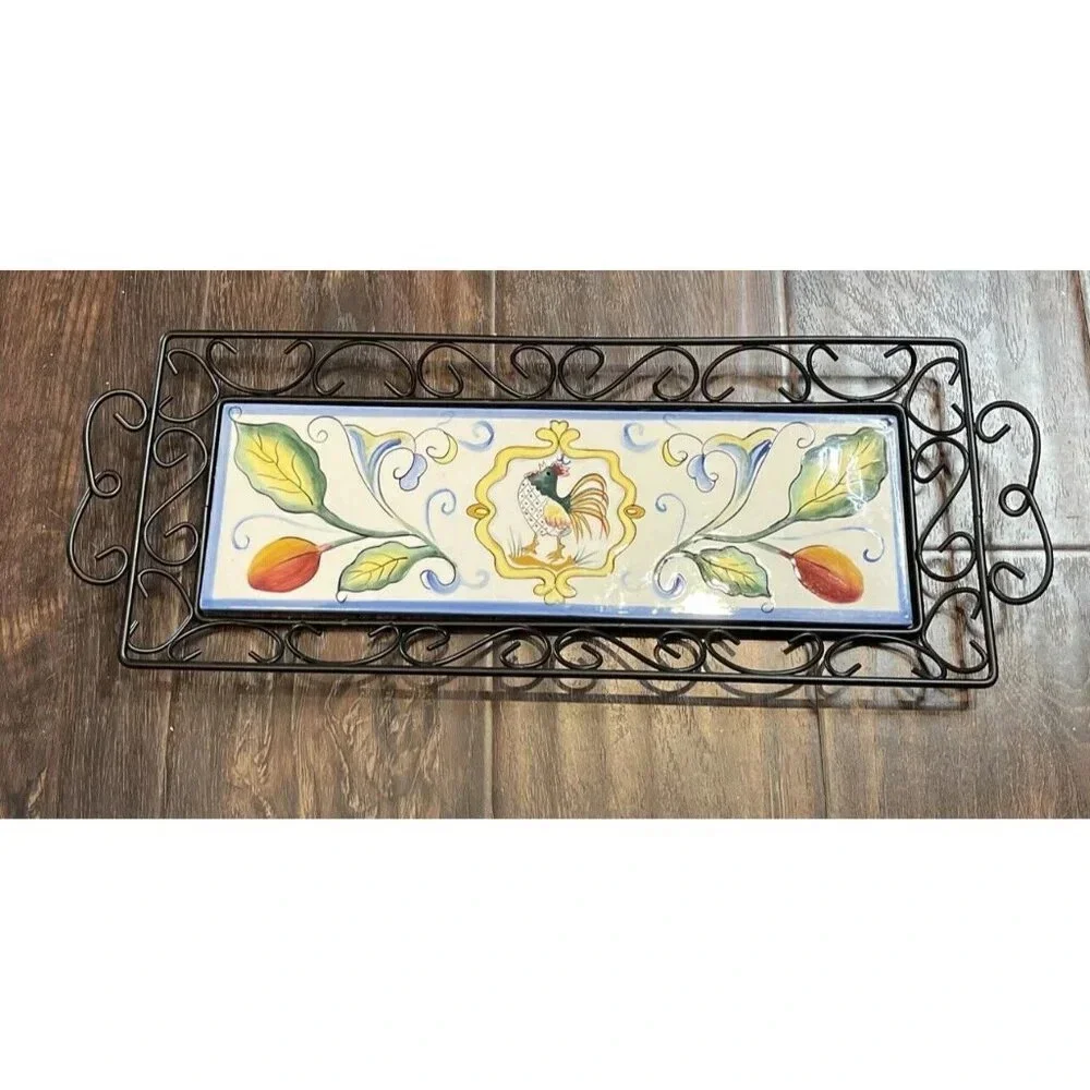 Fitz & Floyd Ricamo Rooster Tile Wire Bread Tray Appetizer Serving Centerpiece